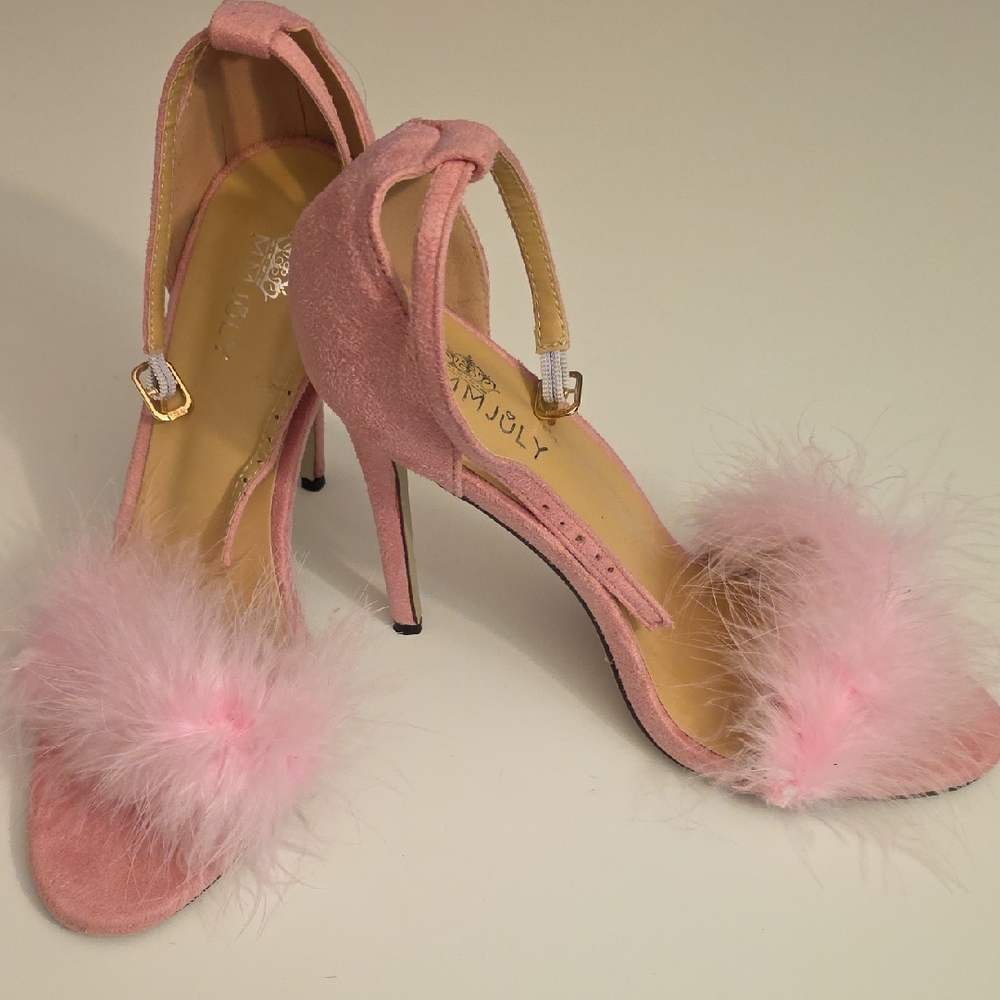 Pink Feather Open-Toe Stilettos